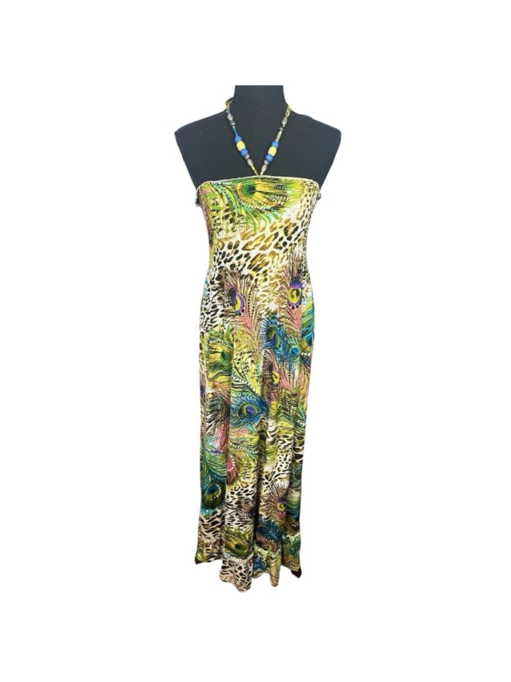 Just Love Stretch Bodice Bandeau Halter Maxi Dress Sz 2X Peacock Cheetah Beaded